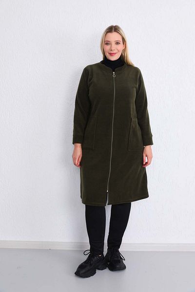 Kardelen Butik Ümraniye Plus Size Fleece Cardigan Khaki Green Zippered