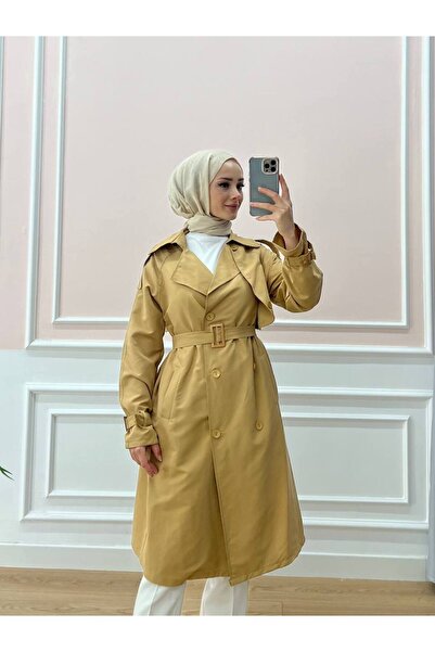 Esre Store Kol Ve Omuz Detaylı Tesettür Trençkot Camel