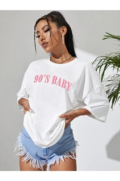 over head oh Ženska bela 90-ih Baby Štampano Oversize T-shirt