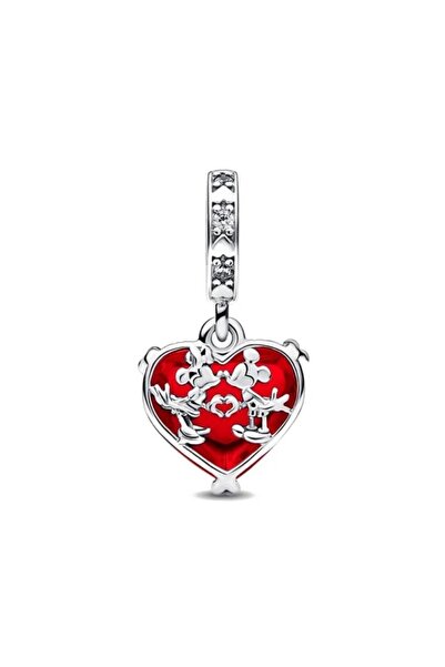 Lux Design 925 Ayar Gümüş Disney Mickey ve Minnie Mouse Öpücük Kırmızı Murano...