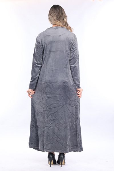 mervemoda Γυναικείο βελούδινο μακρύ φόρεμα με κέντημα σε γκρι λαιμό