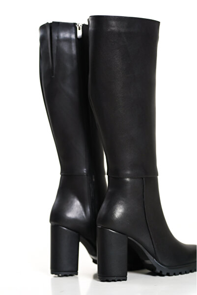 ZİESCE Γυναικείες μαύρες δερμάτινες μπότες με στρογγυλό τακούνι Trak