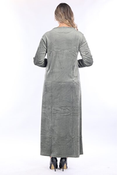 mervemoda Γυναικείο βελούδινο μακρύ φόρεμα με κέντημα με γιακά Χακί