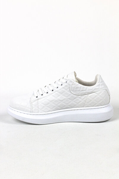 Mida Shoes High Sole Quilted White Leather Men's Sports Shoes