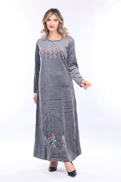 mervemoda Women's gray neckline embroidery detailed velvet long dress