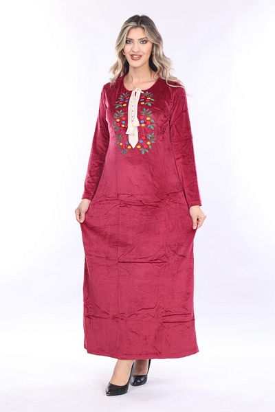 mervemoda Γυναικείο μακρύ βελούδινο φόρεμα με κέντημα με γιακά μπορντό