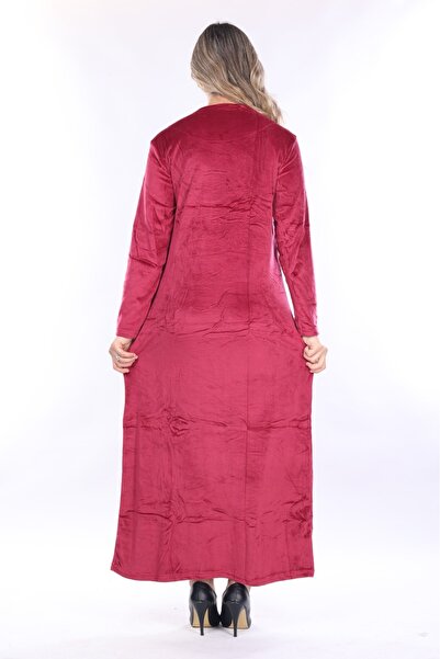 mervemoda Γυναικείο μακρύ βελούδινο φόρεμα με κέντημα με γιακά μπορντό