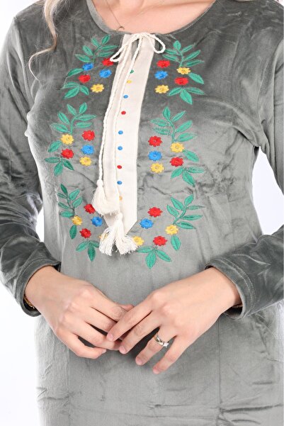 mervemoda Γυναικείο κέντημα με πέτο Χακί Λεπτομερές μακρύ βελούδινο φόρεμα