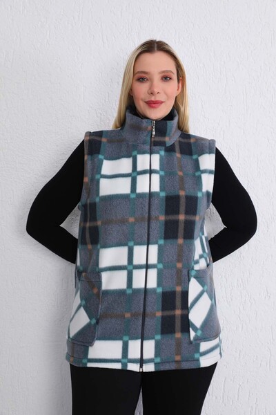 Kardelen Butik Ümraniye Plaid Patterned Fleece Vest Zippered Black Green