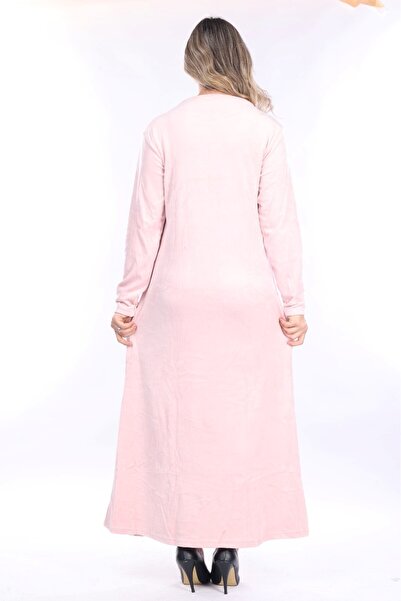 mervemoda Γυναικείο βελούδινο μακρύ φόρεμα με ροζ λαιμόκοψη