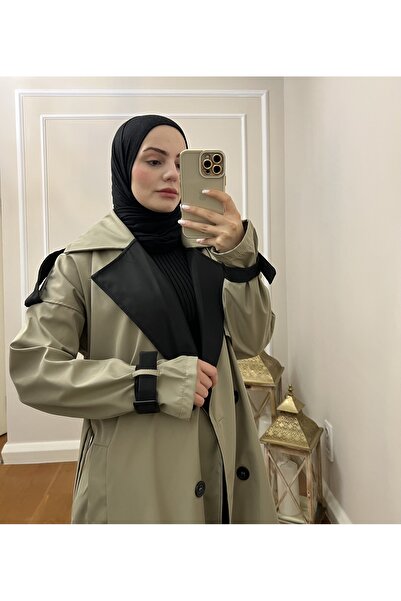Esre Store 4425 Çift Renk Tesettür Trençkot Haki - Siyah