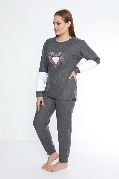 FAMES PİJAMA Love Heart Patterned Interlock Long Sleeve Women's Pajama Set