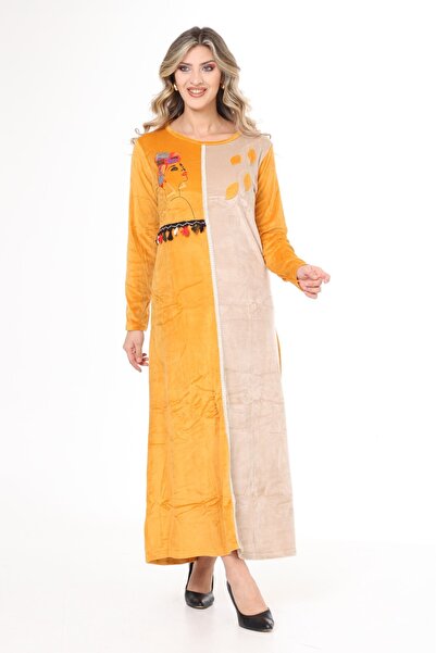 mervemoda Mustard Velvet Women's Dress