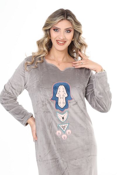 mervemoda Women's Gray embroidery detailed long velvet dress