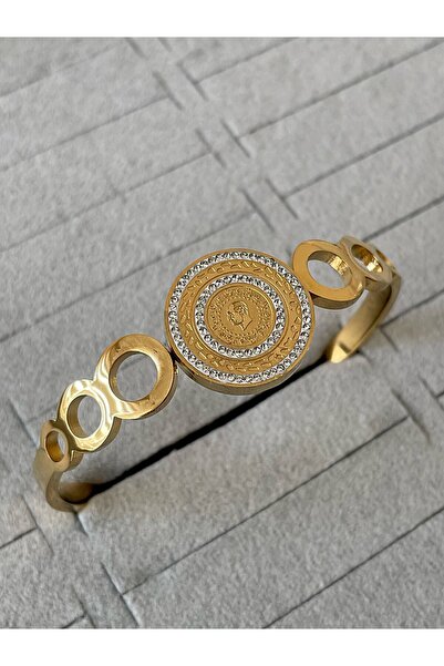 JELLY سوار نسائي مصنوع من الفولاذ باللون الذهبي بتصميم حجر الزركون وتصميم ربع...