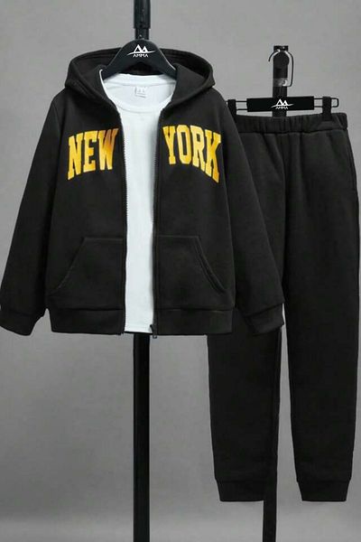 AMMA Unisex Black New York Printed Hooded Cardigan White T-Shirt and Sweatpants Set of 3