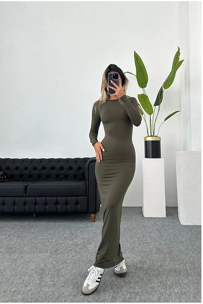 Kokoş Aşk γυναικείο χακί Μακρύ μανίκι Maxi Crew Neck