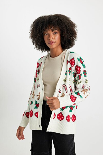 DeFacto Christmas Themed Oversize Wide Fit V-Neck Knitwear Cardigan A5434Ax23Cw