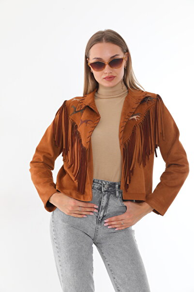 FashionFour Çoban Dikiş Detaylı Püskül Ceket