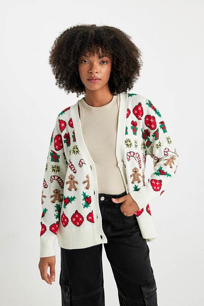 DeFacto Christmas Themed Oversize Wide Fit V-Neck Knitwear Cardigan A5434Ax23Cw