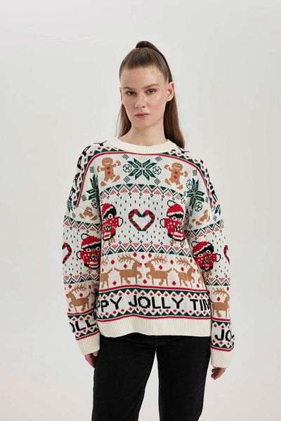 DeFacto New Year's Themed Crew Neck Sweater