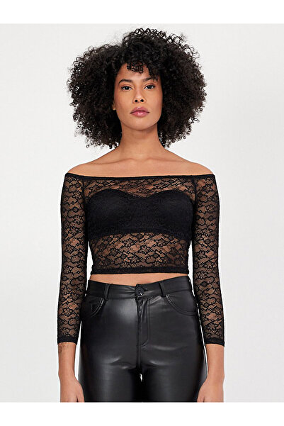 Ltb Dantel Omuzu Açık Crop Top Siyah Sweatshırt