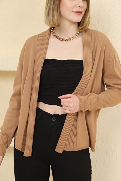 VEGENZE Γυναικεία ζακέτα με ριγέ καμηλό λεπτή πλεκτή