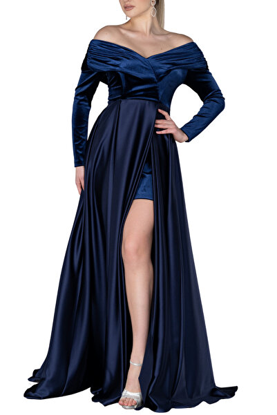 Arden Uzun Abiye, Kadife Madonna Yaka Uzun Kol, Saten Yırtmaçlı Kloş Etek Gen...