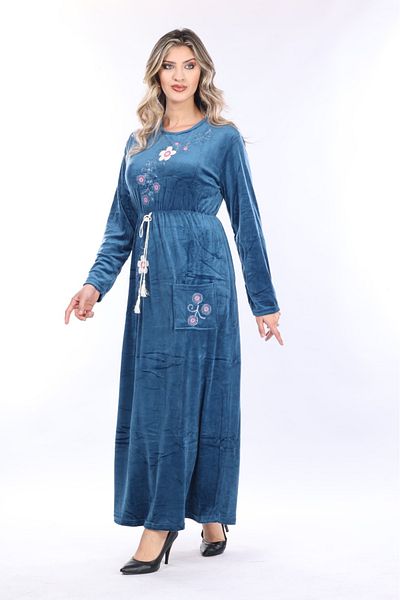 mervemoda Women's Indigo embroidery detailed velvet long dress