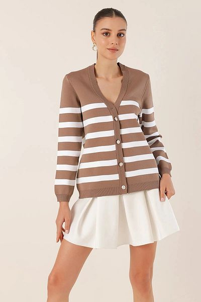 hazelin Women's Biscuit Striped V-neck Relaxed Cut Knitwear Cardigan HZL24W-BD1102151