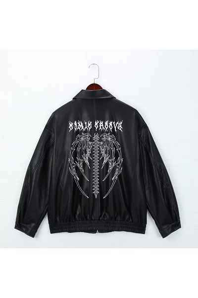 Gofeel Y2k Tech - Tribal Skeleton Printed Μαύρο Oversize Δερμάτινο Μπουφάν