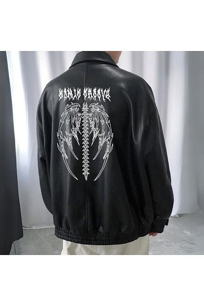 Gofeel Y2k Tech - Tribal Skeleton Printed Μαύρο Oversize Δερμάτινο Μπουφάν