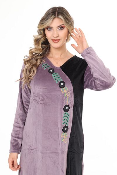 mervemoda Women's Lilac Collar Embroidery Detailed Velvet Dress