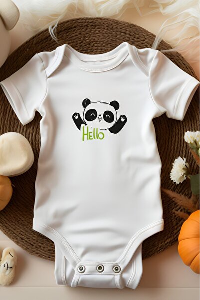 bebek perisi Short Sleeve Panda 100% Cotton White Baby Bodysuit 00016