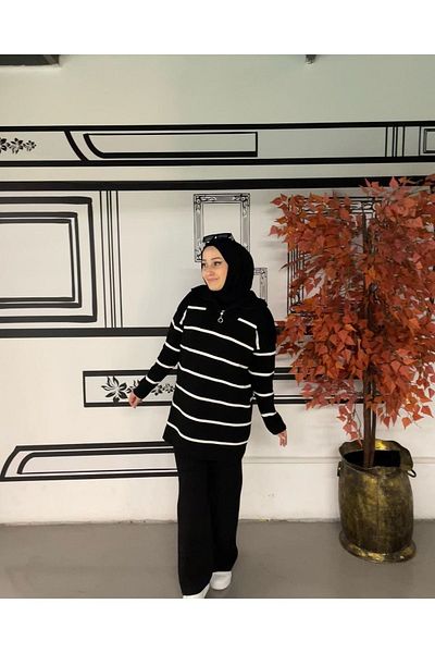 İmajButik Collar Zippered Striped Knitwear Set