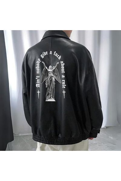 Gofeel Y2k Tech Art Pattern Printed Streetwear Μαύρο Oversize Unisex Δερμάτινο μπουφάν με επένδυση
