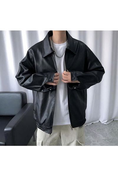 Gofeel Y2k Tech Gothic Spider Printed Streetwear Μαύρο Oversize Unisex Δερμάτινο μπουφάν με επένδυση