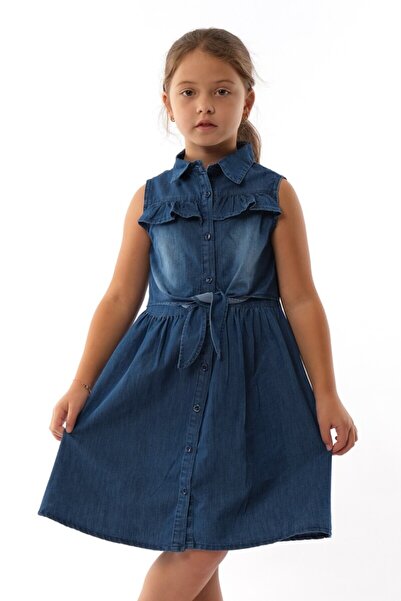 DIDuStore Varol Kids Ruffle Collar Detailed Sleeveless Girl's Jean Dress