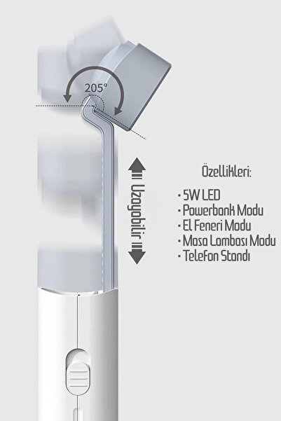 Telvesse 4in1 Şarjlı Masa Lambası Powerbank Özellikli Telefon Standlı Kamp El Feneri Çalışma Okuma Işığı 975