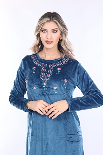 mervemoda Γυναικείο βελούδινο φόρεμα με κέντημα με λαιμόκοψη Indigo