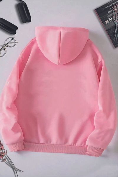DE PLEIN Oversize Unisex Cotton Received Printed Hooded Pink Sweatshirt