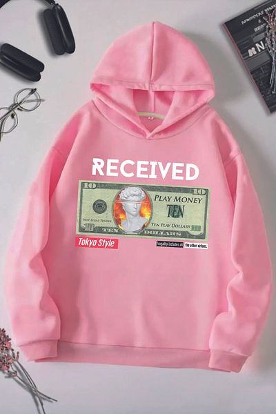DE PLEIN Oversize Unisex Cotton Received Printed Hooded Pink Sweatshirt