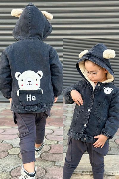 ELAFOR Children's Black Denim Coat with Welsoft Furry Inside and Applique Embroidery on the Back (MUST BE PURCHASED 1 YEAR OLDER)