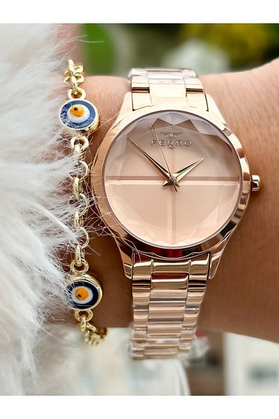 FERRO Brand New Season Rose Color, Steel Strap, Simple Model Women's Wristwatch + Bracelet in Box