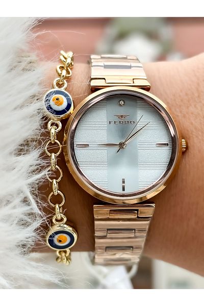 FERRO Brand New Season Rose Color, Steel Strap, Simple Model Women's Wristwatch + Bracelet in Box