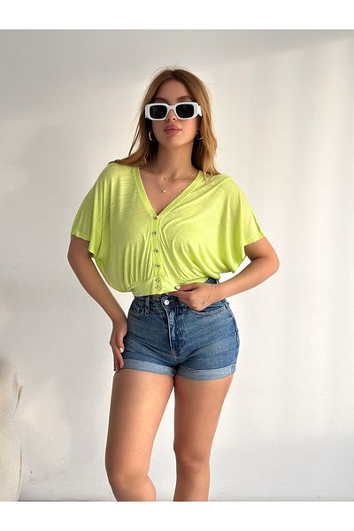 Bukamiss Bluză de damă verde deschis cu mânecă liliac