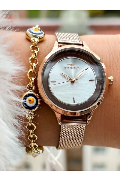 FERRO Brand New Season Silver Color, Steel Mesh Strap, Simple Model Women's Wristwatch + Bracelet in Box