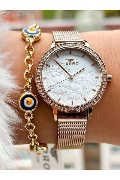 FERRO Brand New Season Rose Color, Steel Mesh Strap, Simple Model Women's Wristwatch + Bracelet in Box