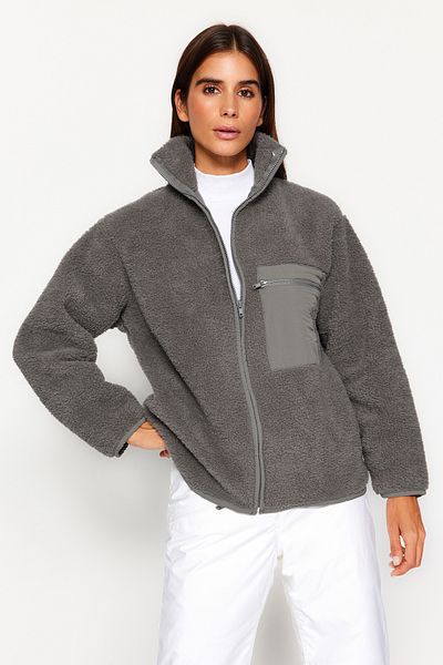 Trendyol Collection Winter Essentials Anthrazit Dickes Fleece Strick-Sweatshirt mit Reißverschluss und Stehkragen und Tasche TWOAW24SW00071