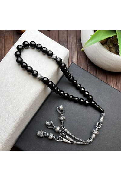 dergah tesbih Ott14 Model Silver Rosary - Oltu Stone Detailed